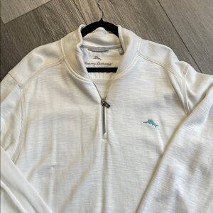 Tommy Bahama White Quarter-Zip Sweater with Aqua Dolphin Logo